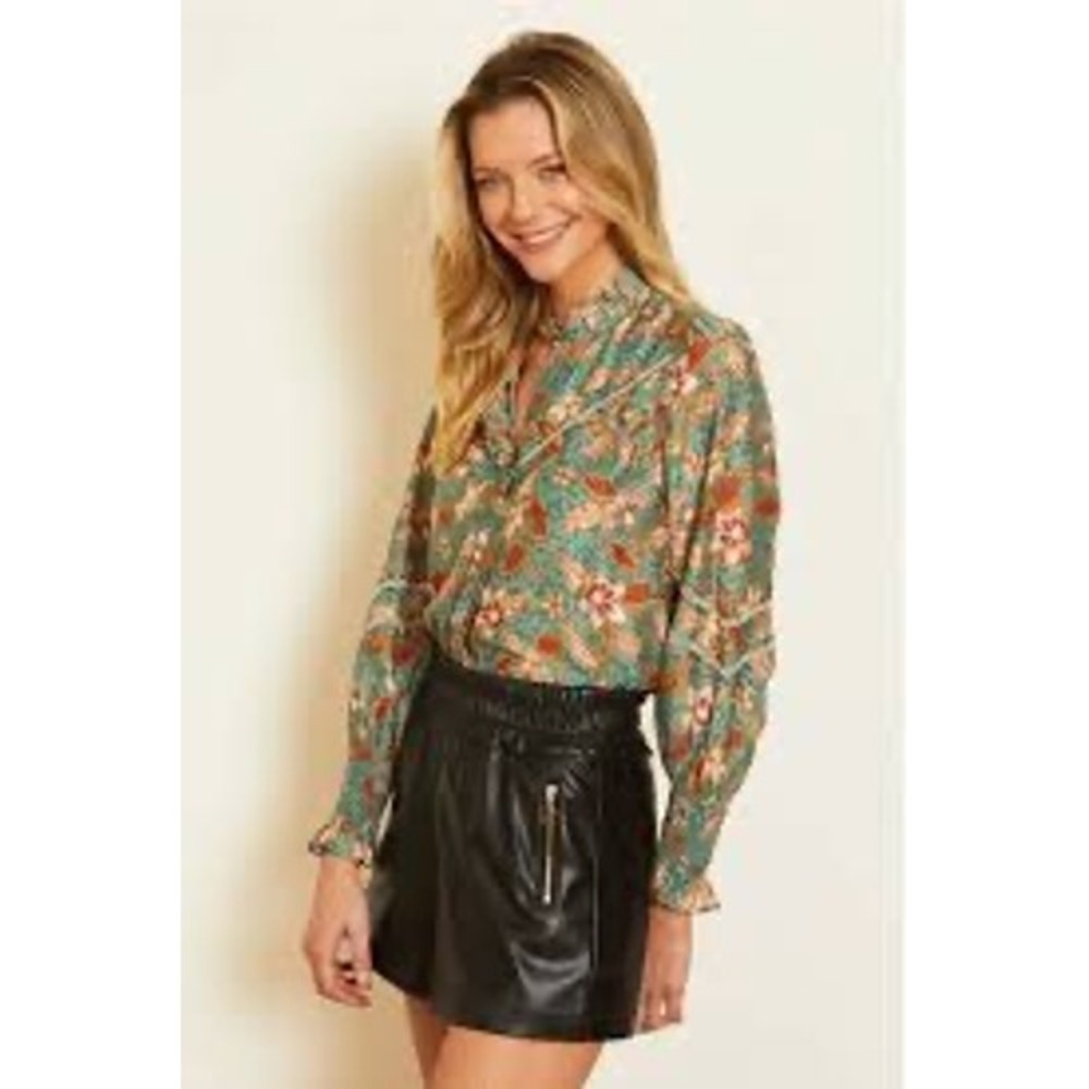 NEW Caballero Nickie Top in Nostalgia Floral Silk Cotton Ruffle Collar Small - Picture 1 of 7